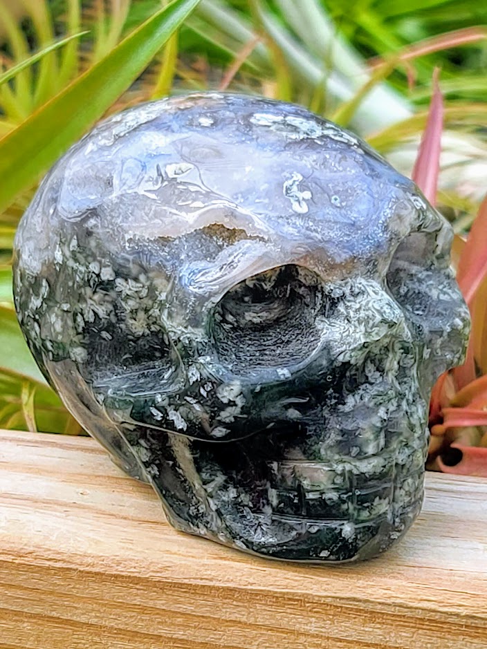 Large Moss Agate Skull Carving