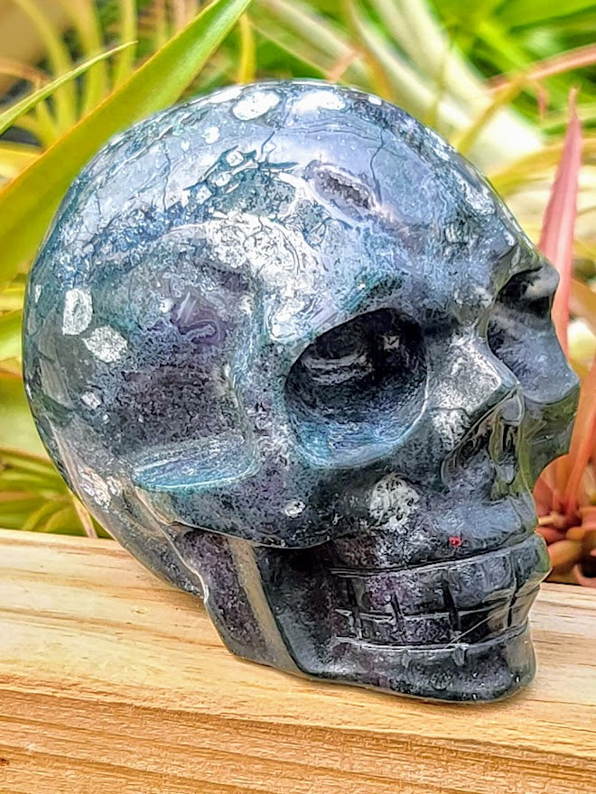 Large Moss Agate Skull Carving