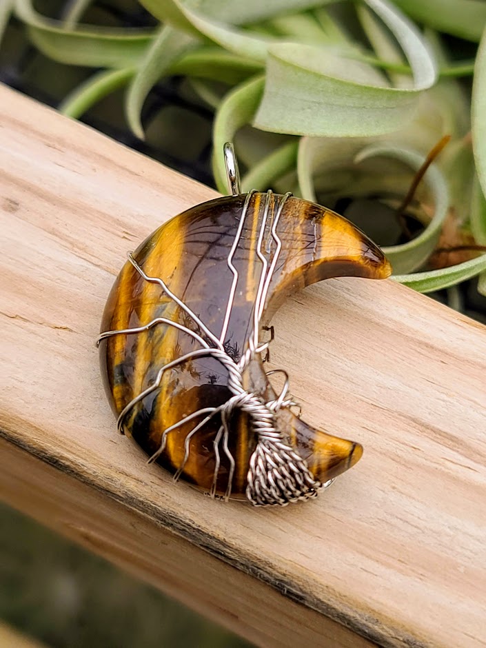 Tigers Eye Wire Wrapped Moon Pendant