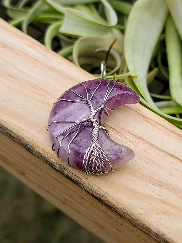 Amethyst Wire Wrapped Moon Pendant