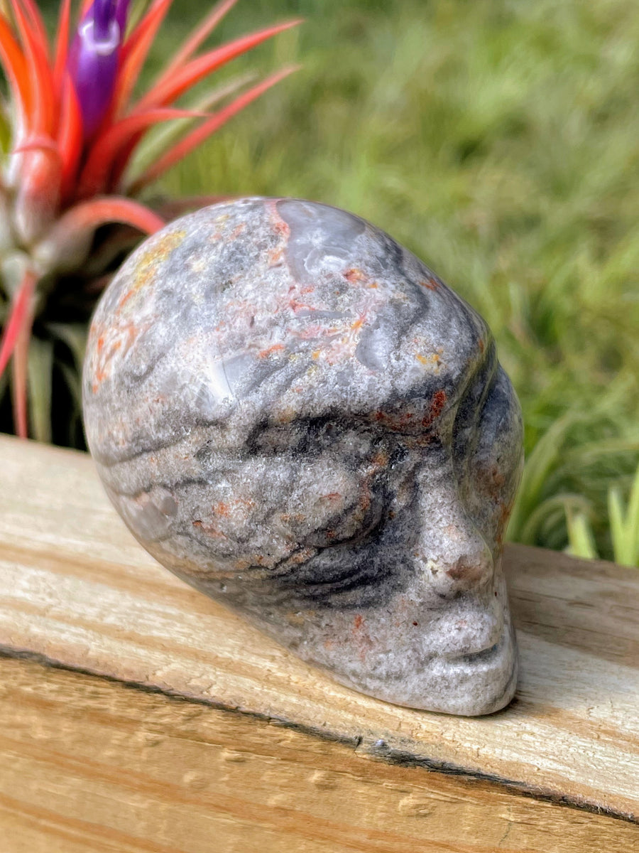 Pink Crazy Lace Agate Alien Skull Carving