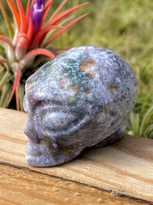 Purple Moss Agate Alien Skull Carving