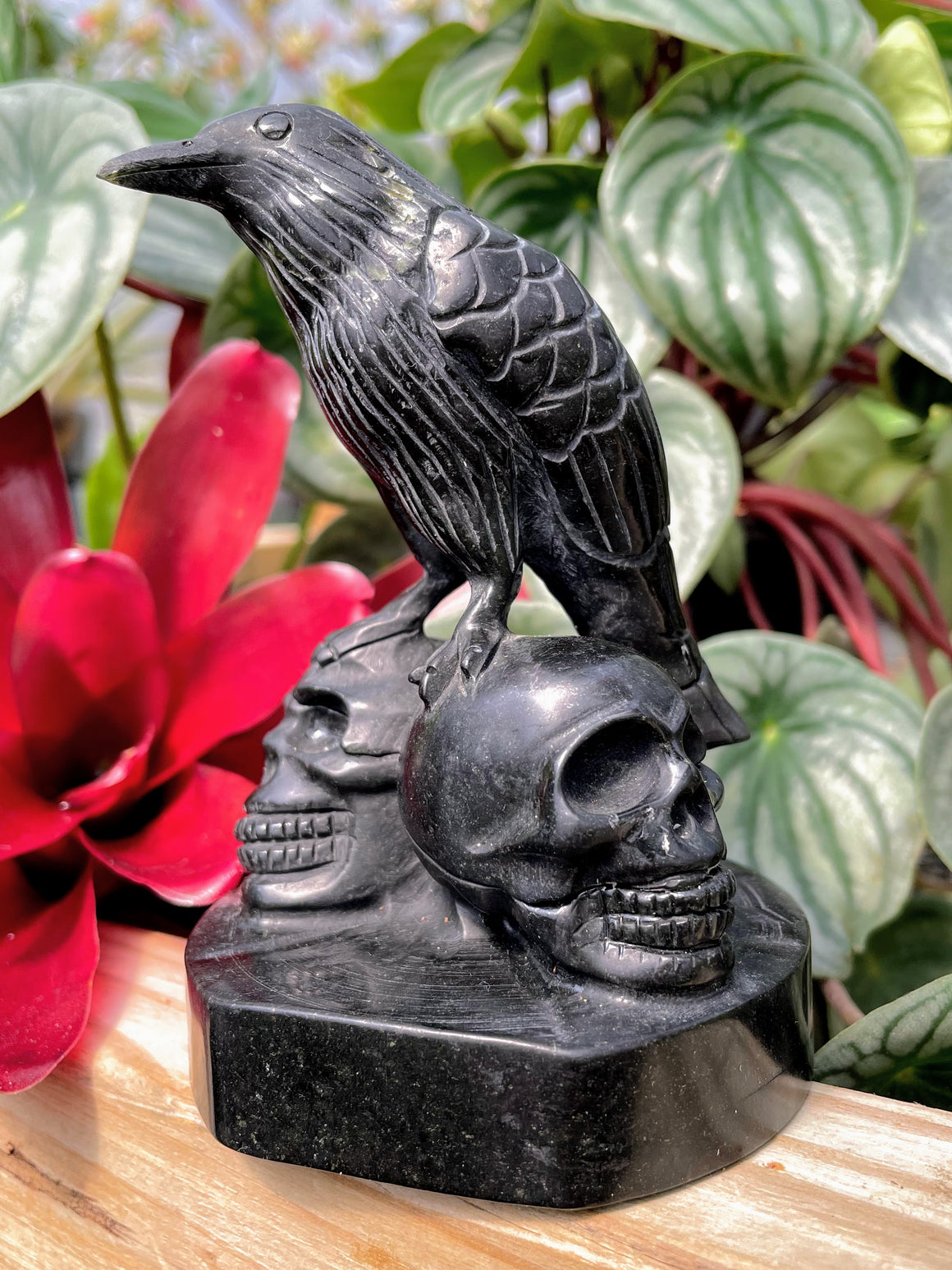 Black Obsidian Double Skull Raven Crystal Carving
