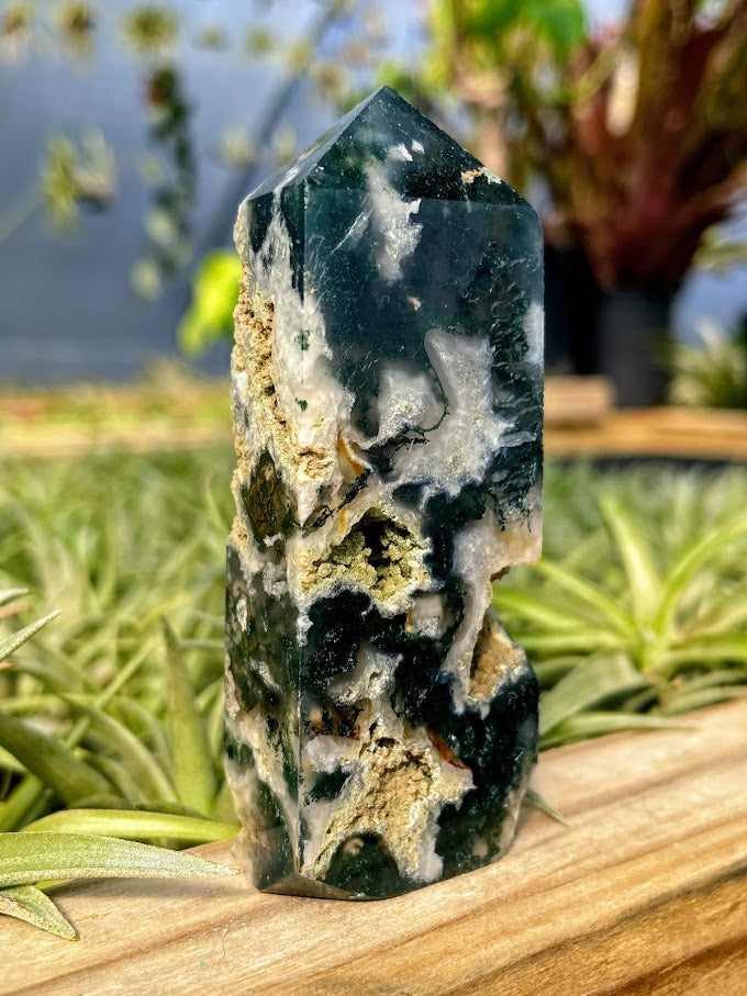 Druzy Moss Agate Crystal Point